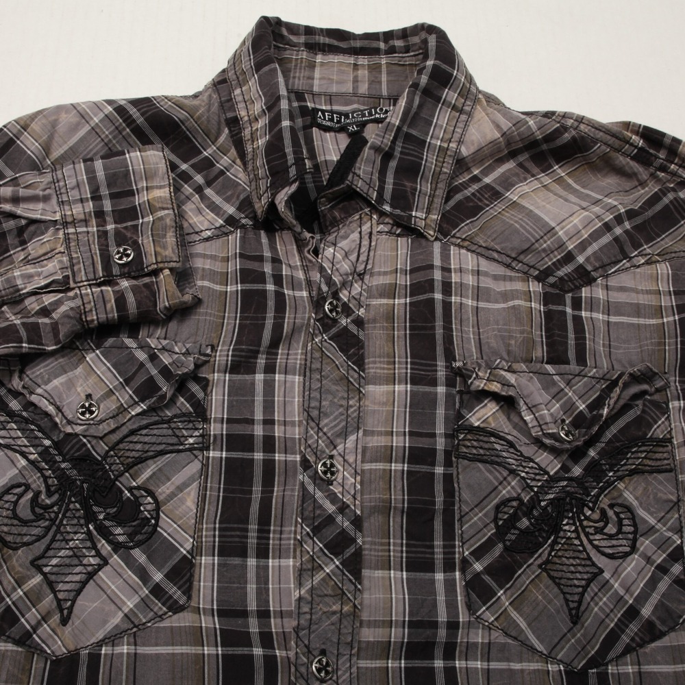 Affliction Shirt Mens Extra Large Gray Plaid Embroidered Skull Pockets * - Picture 4 of 12
